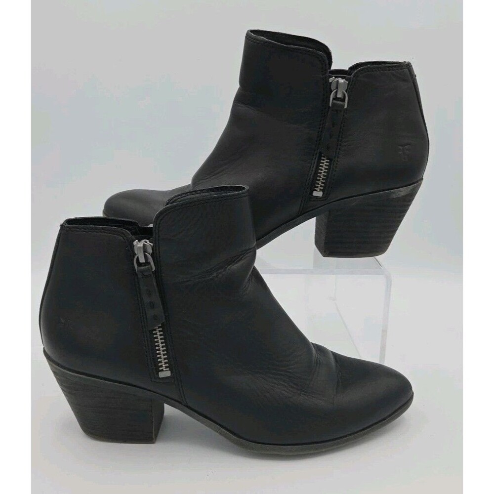 Frye Judith Double Zip Ankle Boots Womens Size 7.5M Black Leather Block Heel